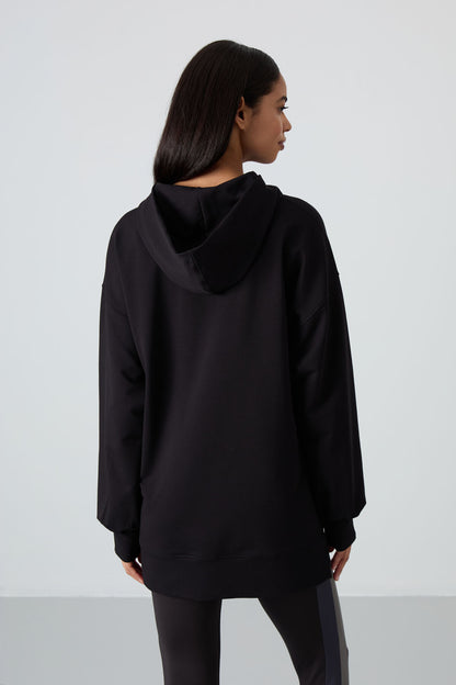 Black Balloon Sleeve Embroidered Women's Oversize Tunic Sweatshirt - 97163