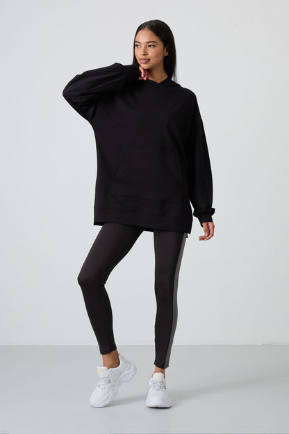 Black Balloon Sleeve Embroidered Women's Oversize Tunic Sweatshirt - 97163