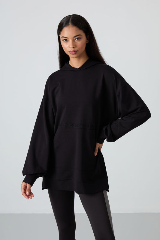 Black Balloon Sleeve Embroidered Women's Oversize Tunic Sweatshirt - 97163