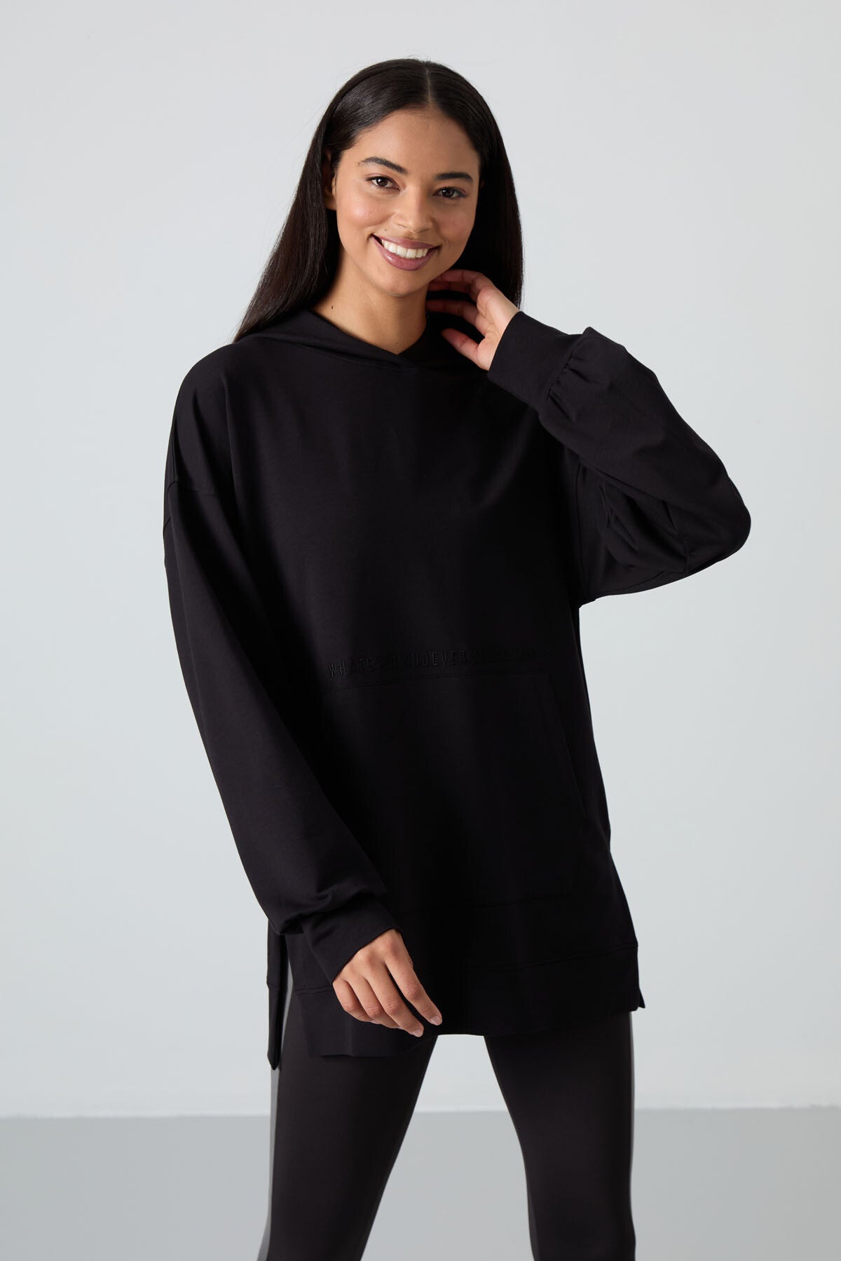 Black Balloon Sleeve Embroidered Women's Oversize Tunic Sweatshirt - 97163