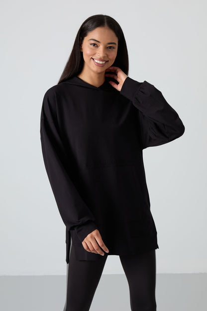 Black Balloon Sleeve Embroidered Women's Oversize Tunic Sweatshirt - 97163