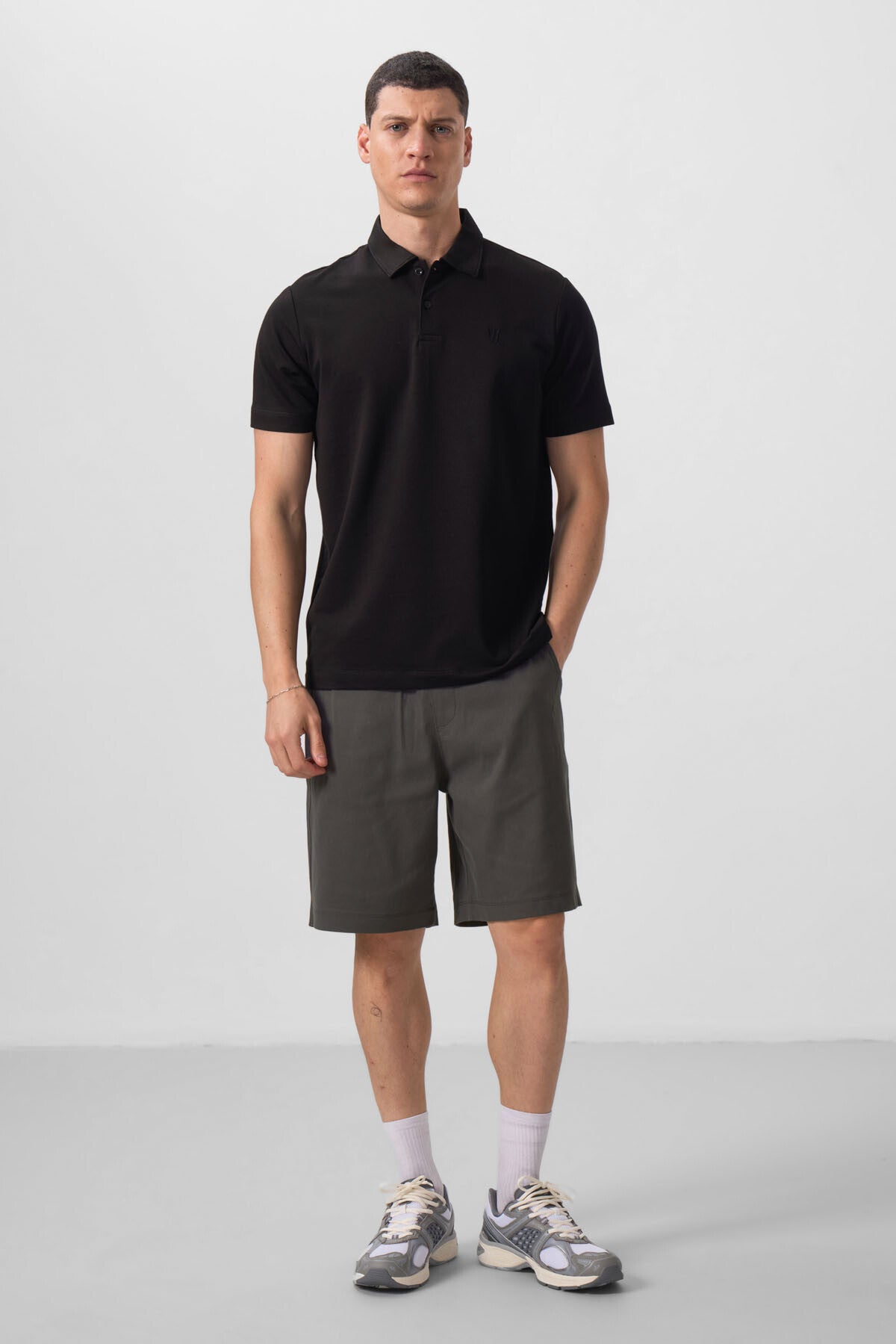 Black Basic Chest Logo Standard Fit Knitted Polo Collar Men's T-Shirt - 87768
