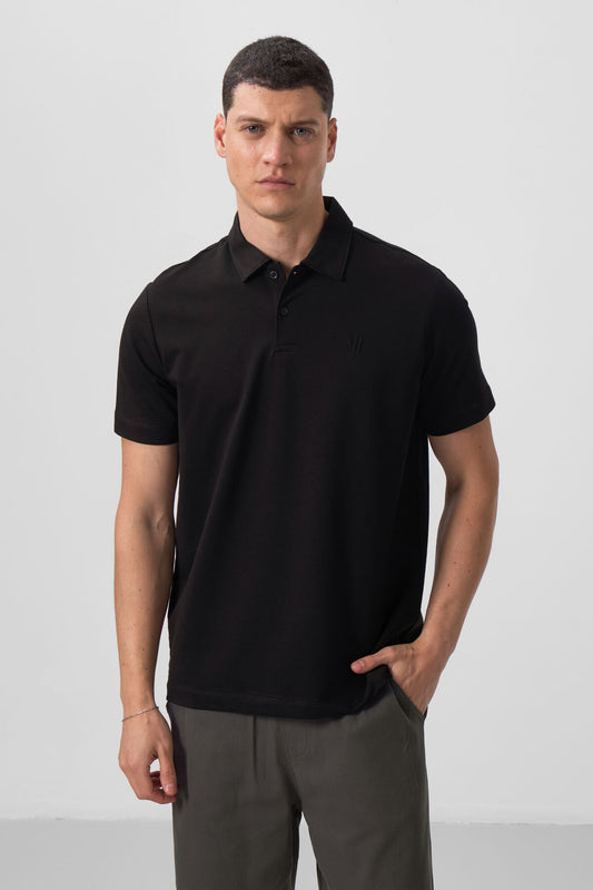 Black Basic Chest Logo Standard Fit Knitted Polo Collar Men's T-Shirt - 87768