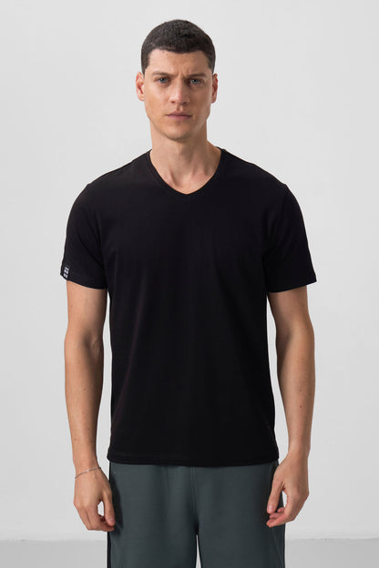 Black Basic Short Sleeve Standard Fit V Neck Men's T-Shirt - 87912