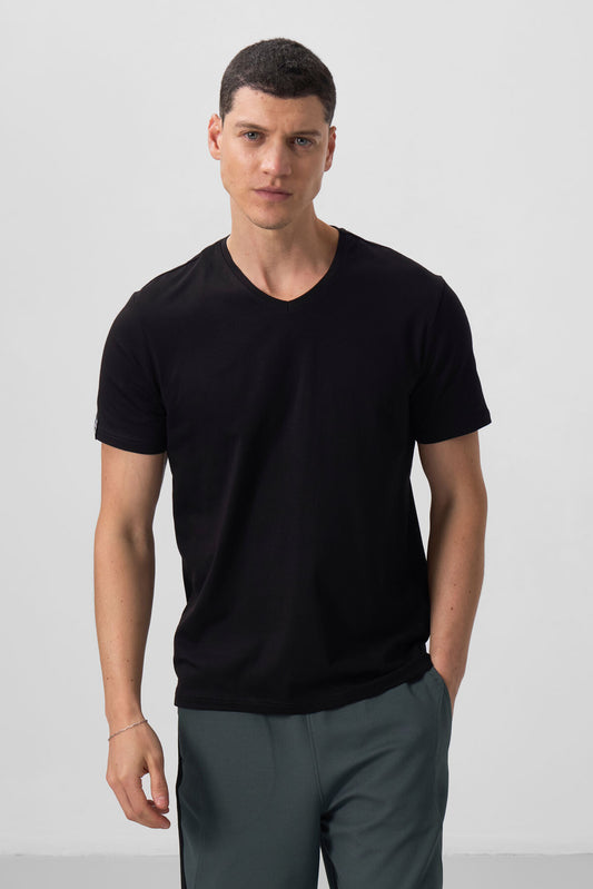 Black Basic Short Sleeve Standard Fit V Neck Men's T-Shirt - 87912