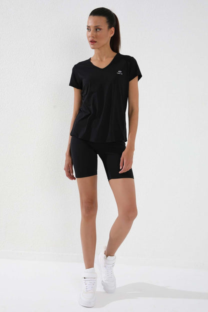 Black Basic Short Sleeve Standard Fit V Neck Women's T-Shirt - 97145