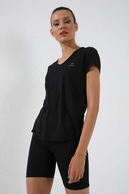 Black Basic Short Sleeve Standard Fit V Neck Women's T-Shirt - 97145