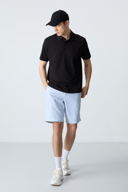 Black Basic Logo Standard Fit Knitted Polo Collar Men's T-Shirt - 87748