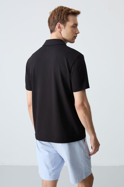 Black Basic Logo Standard Fit Knitted Polo Collar Men's T-Shirt - 87748