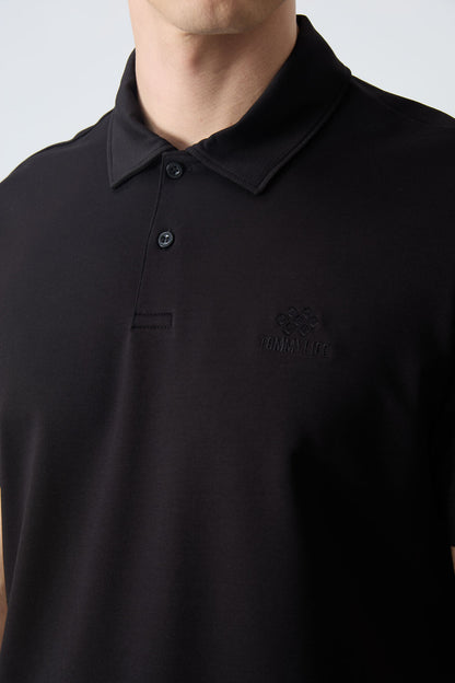 Black Basic Logo Standard Fit Knitted Polo Collar Men's T-Shirt - 87748