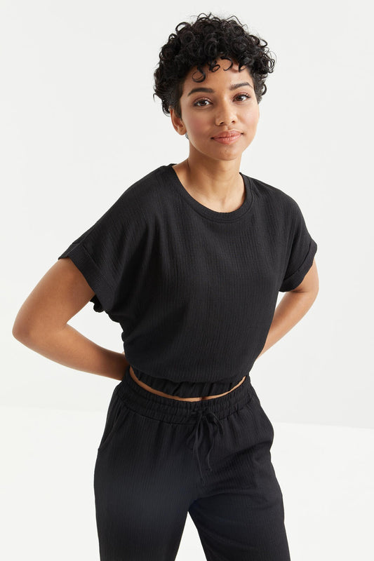 Black Basic O Neck Elastic Ribbed Fabric Women's Crop Top T-Shirt - 97227