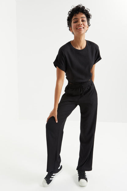 Black Basic O Neck Elastic Ribbed Fabric Women's Crop Top T-Shirt - 97227