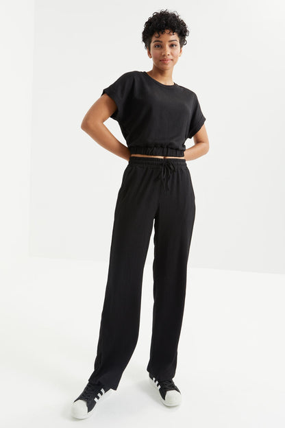 Black Basic O Neck Elastic Ribbed Fabric Women's Crop Top T-Shirt - 97227