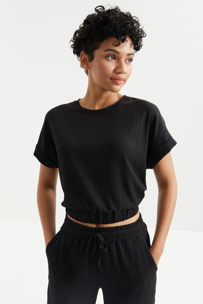 Black Basic O Neck Elastic Ribbed Fabric Women's Crop Top T-Shirt - 97227