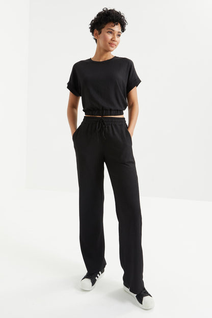 Black Basic O Neck Elastic Ribbed Fabric Women's Crop Top T-Shirt - 97227
