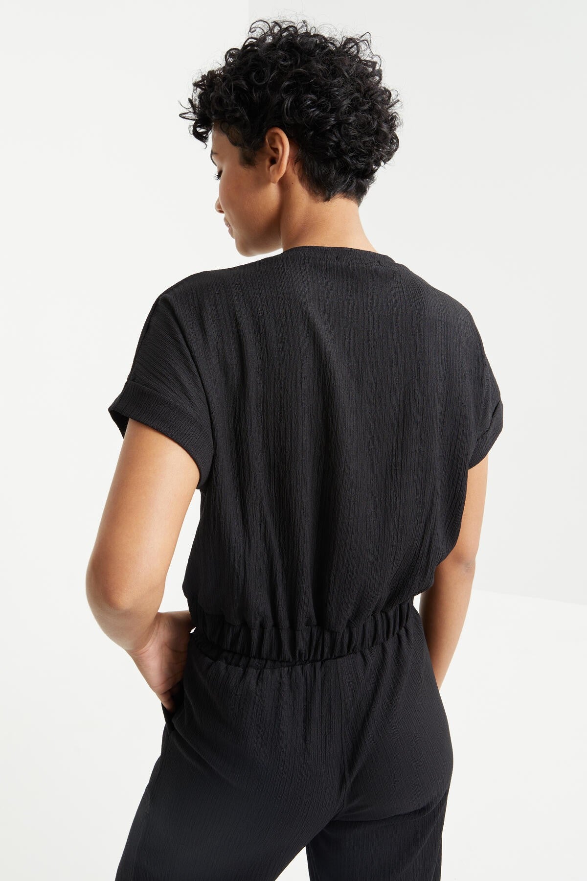 Black Basic O Neck Elastic Ribbed Fabric Women's Crop Top T-Shirt - 97227