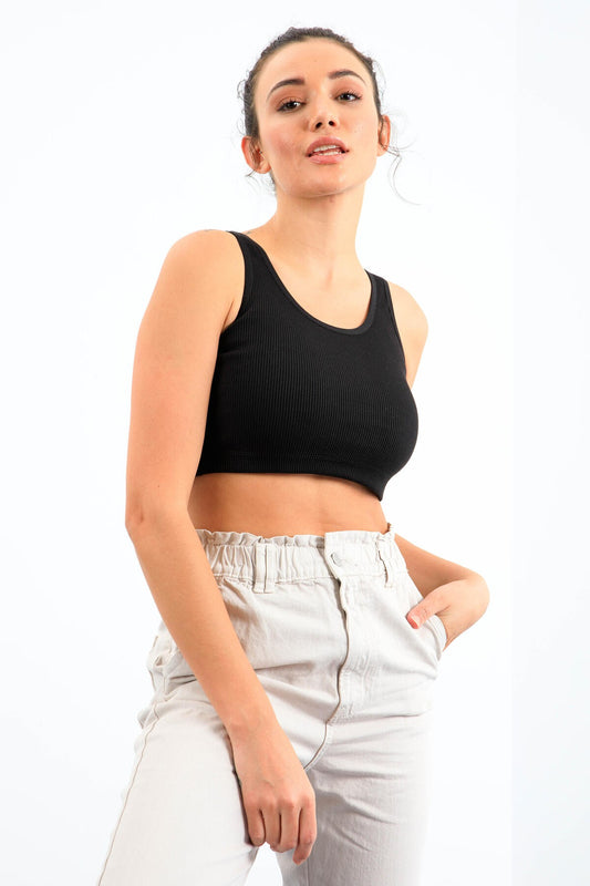 Black Basic Zero Sleeve Slim Fit U Neck Women's Crop Top Singlet - 97160