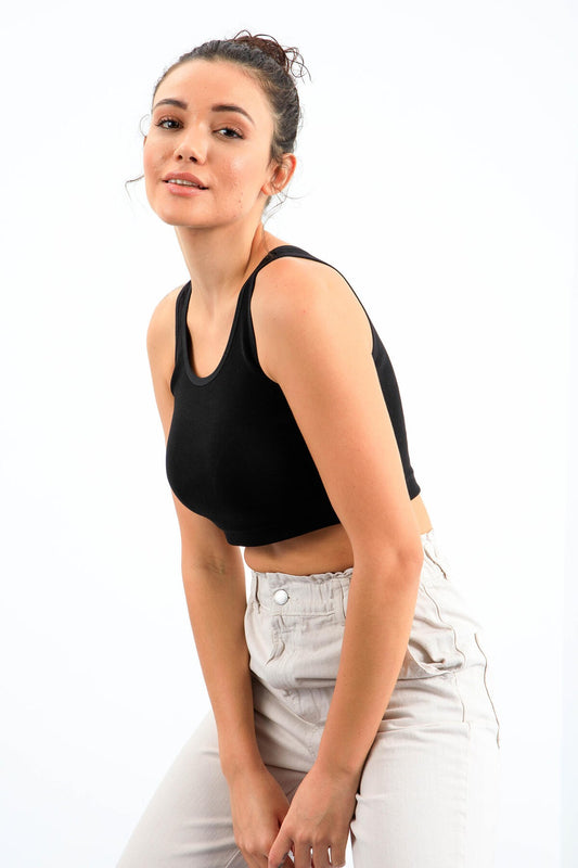 Black Basic Zero Sleeve Narrow Fit U Collar Women's Crop Top Singlet - 97162