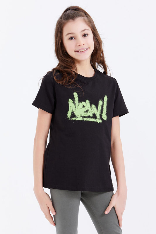 Black Basic Print O Neck Comfort Fit Girls' T-Shirt - 75041