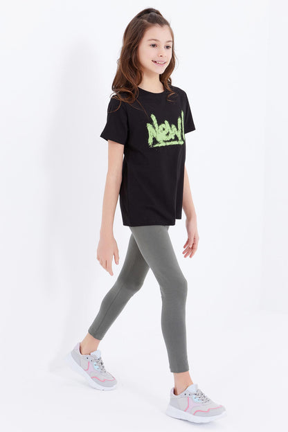 Black Basic Print O Neck Comfort Fit Girls' T-Shirt - 75041