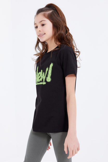 Black Basic Print O Neck Comfort Fit Girls' T-Shirt - 75041