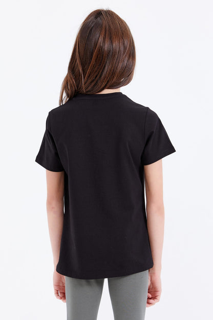 Black Basic Print O Neck Comfort Fit Girls' T-Shirt - 75041