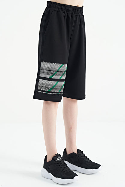 Black Print Detailed Laced Standard Cut Boys Shorts - 11125