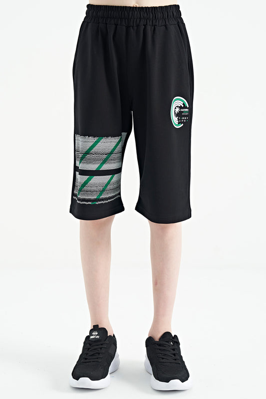 Black Print Detailed Laced Standard Cut Boys Shorts - 11125