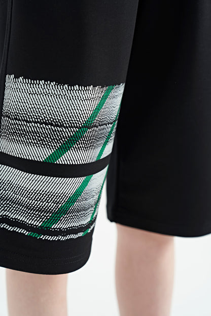 Black Print Detailed Laced Standard Cut Boys Shorts - 11125