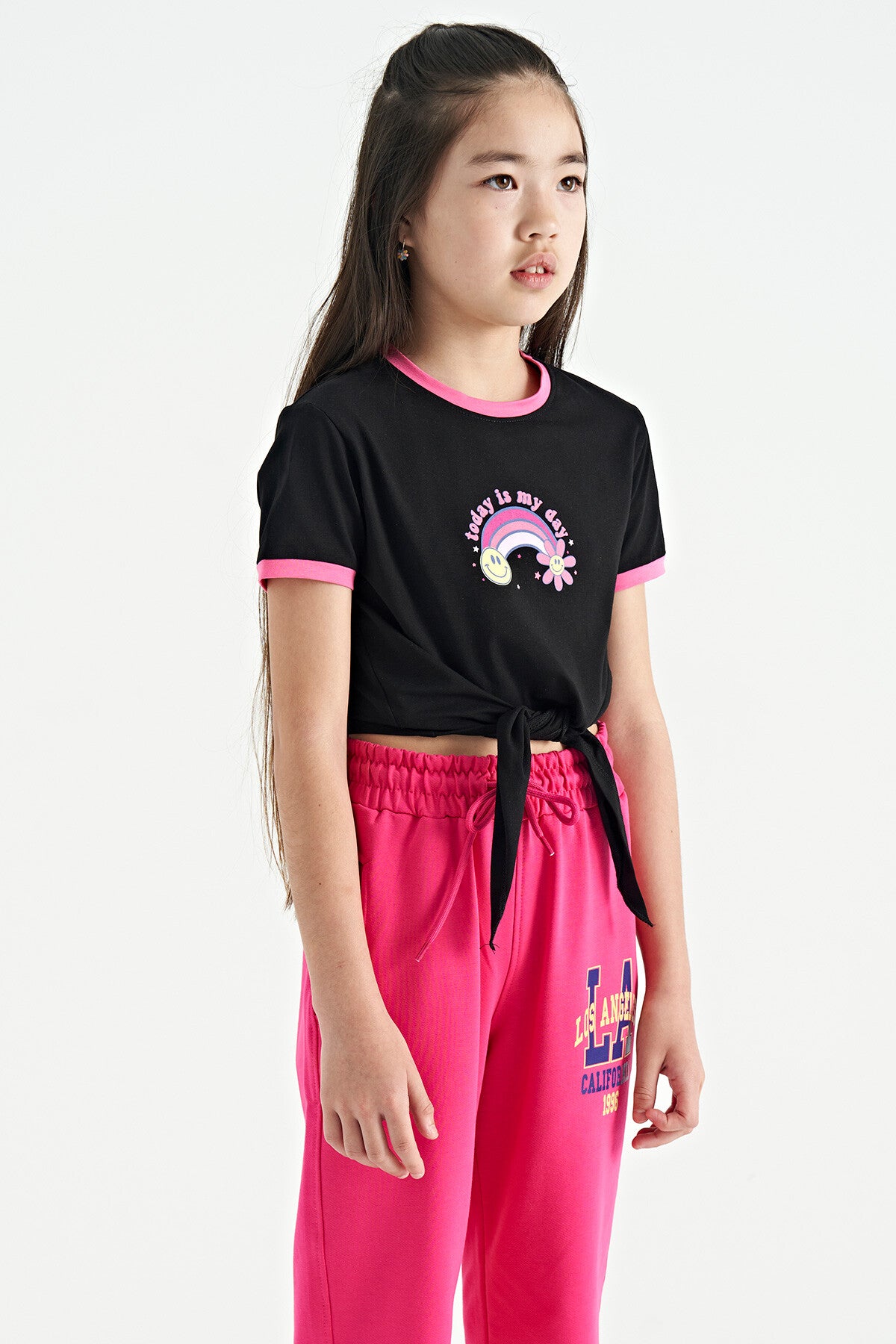 Black Print Detailed O Collar Multi-Colored Tie Detailed Girl's T-Shirt - 75113