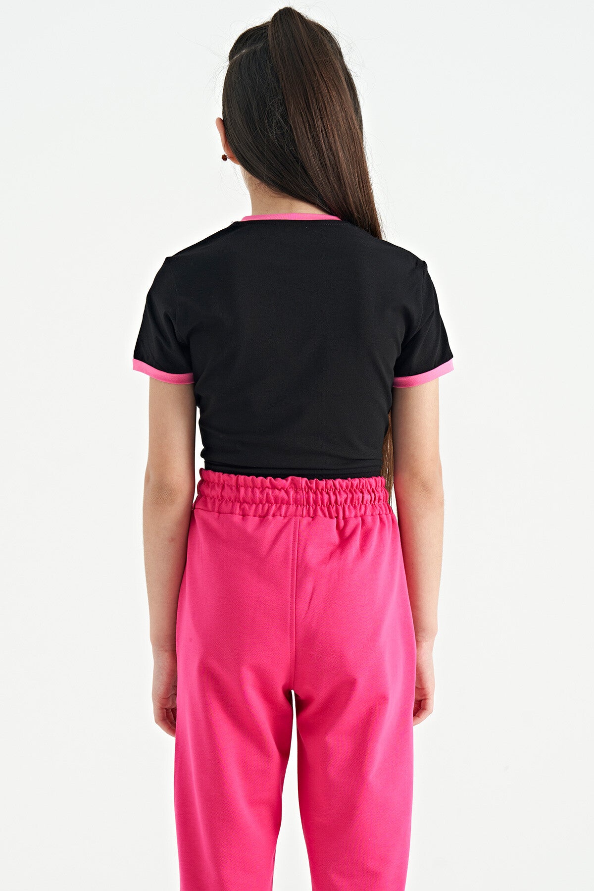 Black Print Detailed O Collar Multi-Colored Tie Detailed Girl's T-Shirt - 75113