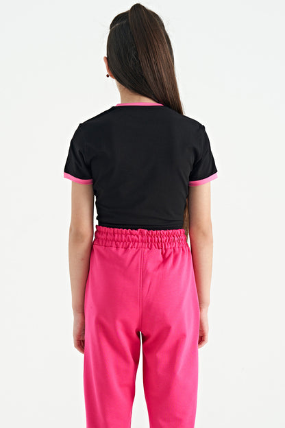 Black Print Detailed O Collar Multi-Colored Tie Detailed Girl's T-Shirt - 75113