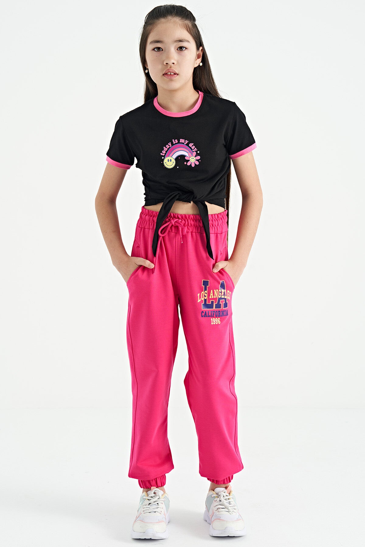 Black Print Detailed O Collar Multi-Colored Tie Detailed Girl's T-Shirt - 75113