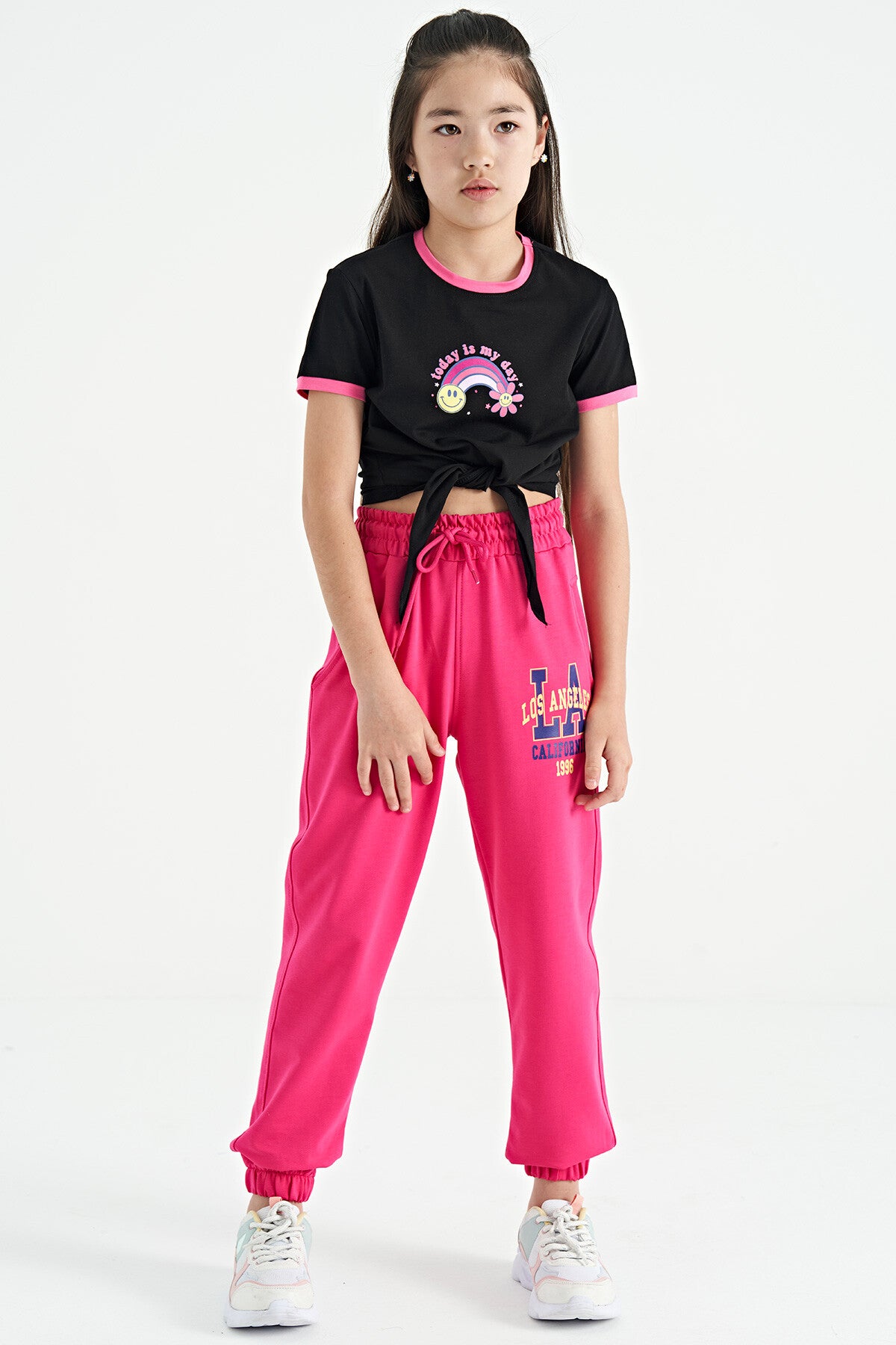 Black Print Detailed O Collar Multi-Colored Tie Detailed Girl's T-Shirt - 75113