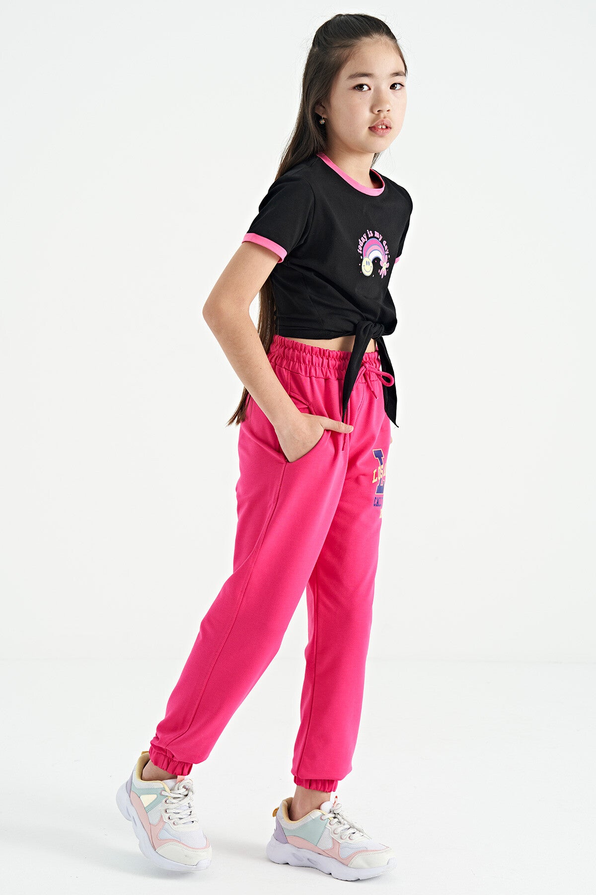 Black Print Detailed O Collar Multi-Colored Tie Detailed Girl's T-Shirt - 75113