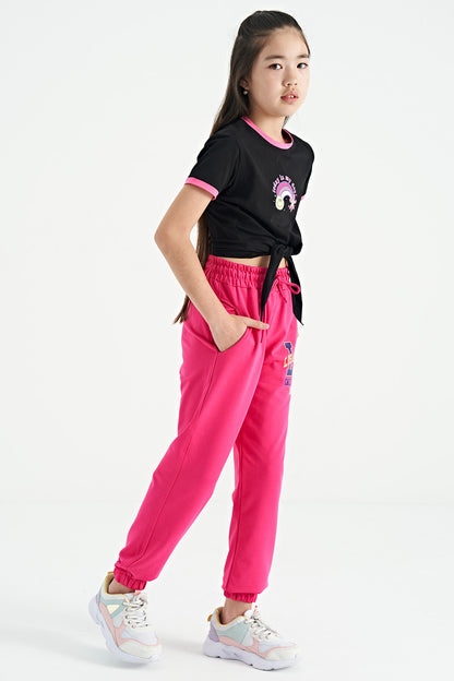 Black Print Detailed O Collar Multi-Colored Tie Detailed Girl's T-Shirt - 75113