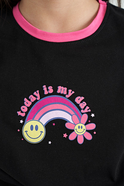 Black Print Detailed O Collar Multi-Colored Tie Detailed Girl's T-Shirt - 75113