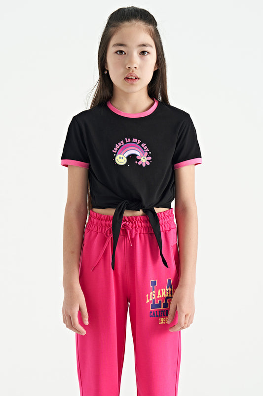 Black Print Detailed O Collar Multi-Colored Tie Detailed Girl's T-Shirt - 75113
