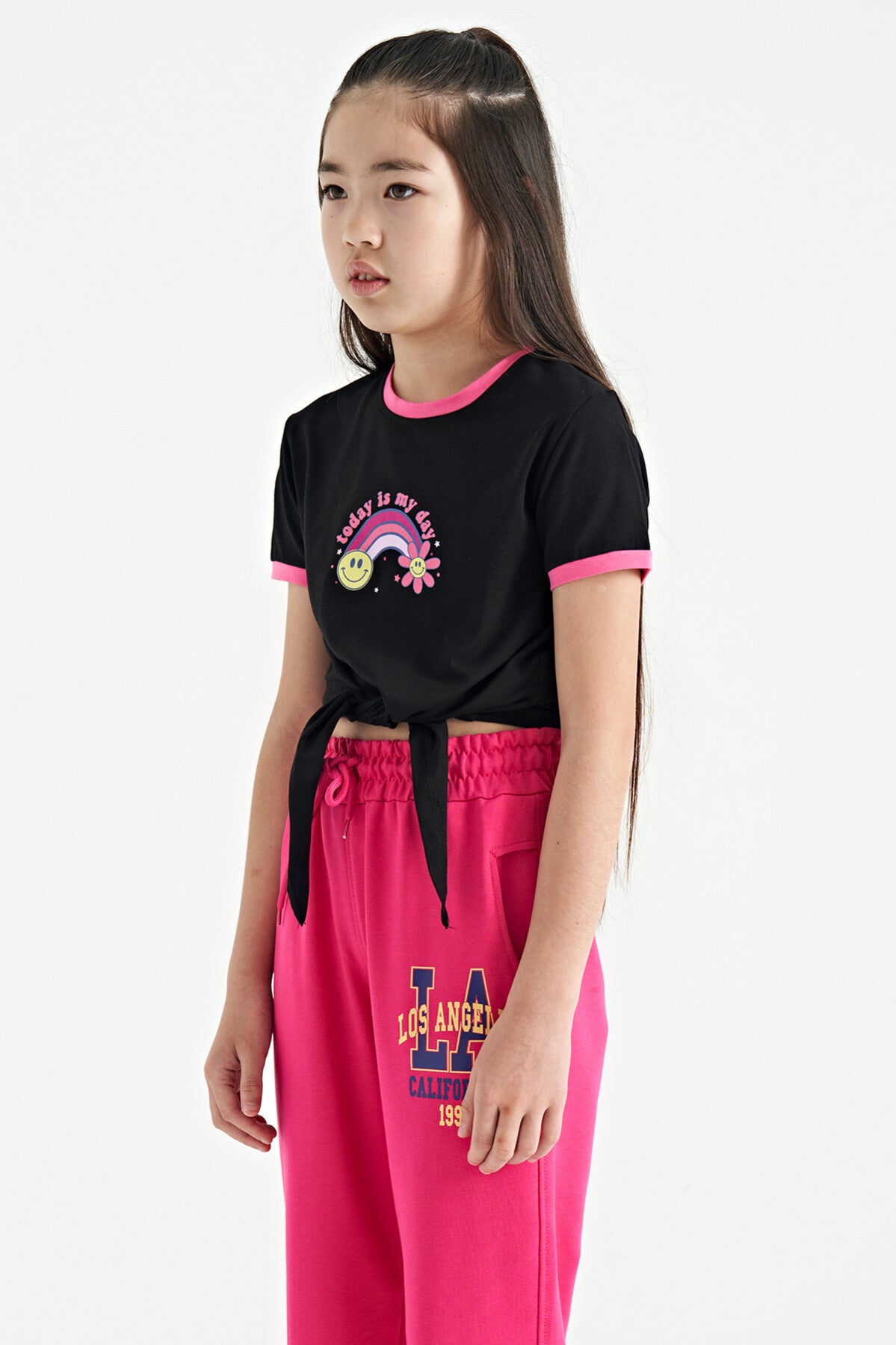 Black Print Detailed O Collar Multi-Colored Tie Detailed Girl's T-Shirt - 75113