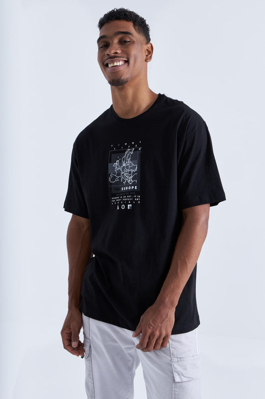 Black Print Detailed O Collar Men's Oversize T-Shirt - 88094
