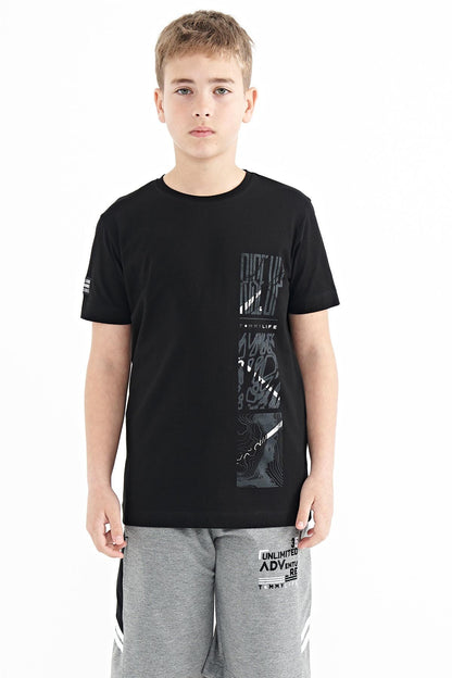 Black Print Detailed O Collar Standard Fit Boys T-Shirt - 11104