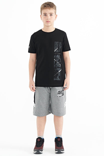 Black Print Detailed O Collar Standard Fit Boys T-Shirt - 11104