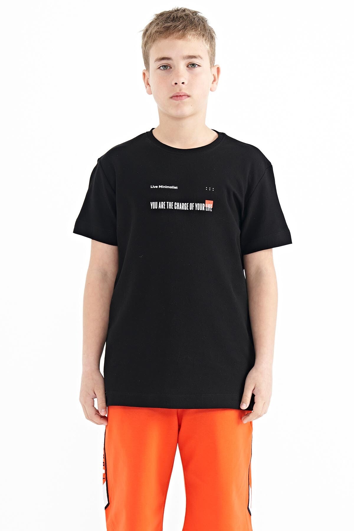 Black Print Detailed O Collar Standard Fit Men's Kids T-Shirt - 11117