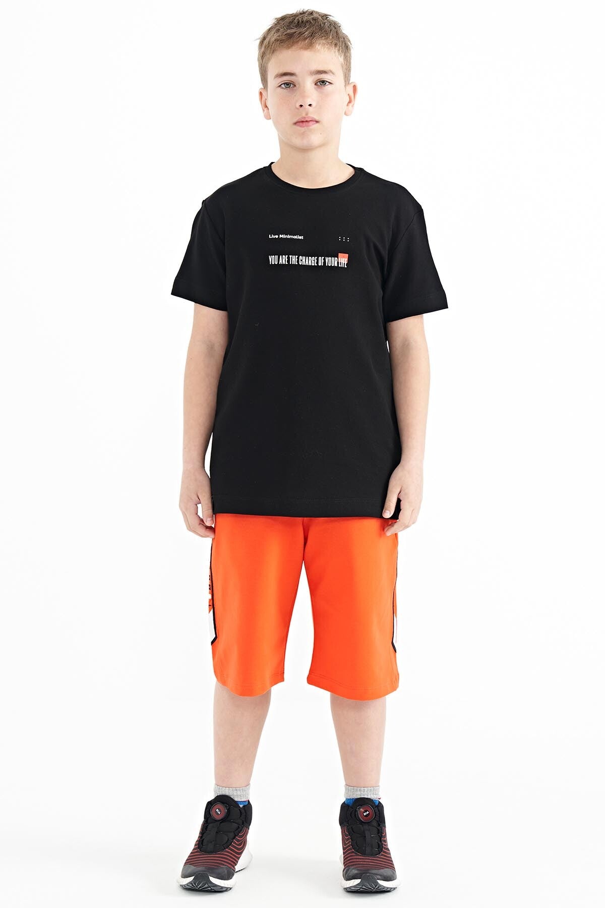 Black Print Detailed O Collar Standard Fit Men's Kids T-Shirt - 11117