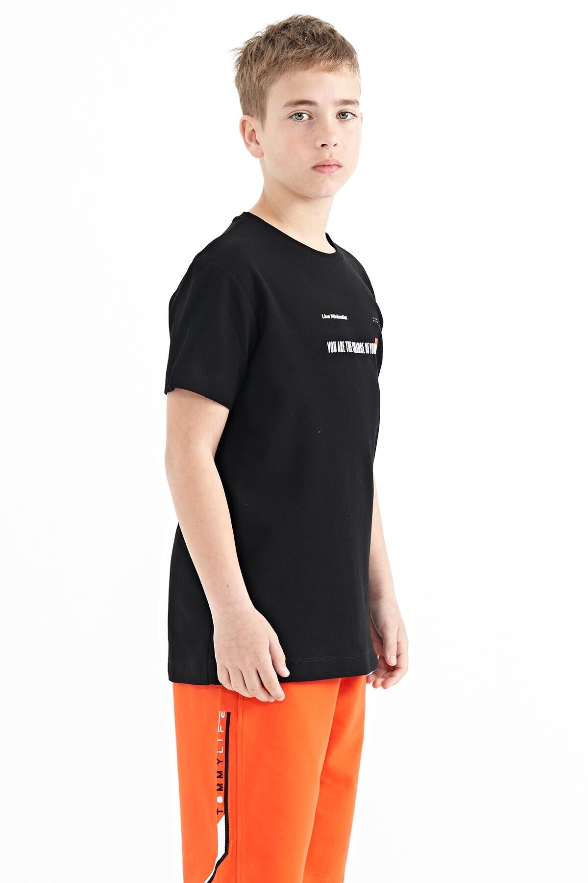 Black Print Detailed O Collar Standard Fit Men's Kids T-Shirt - 11117