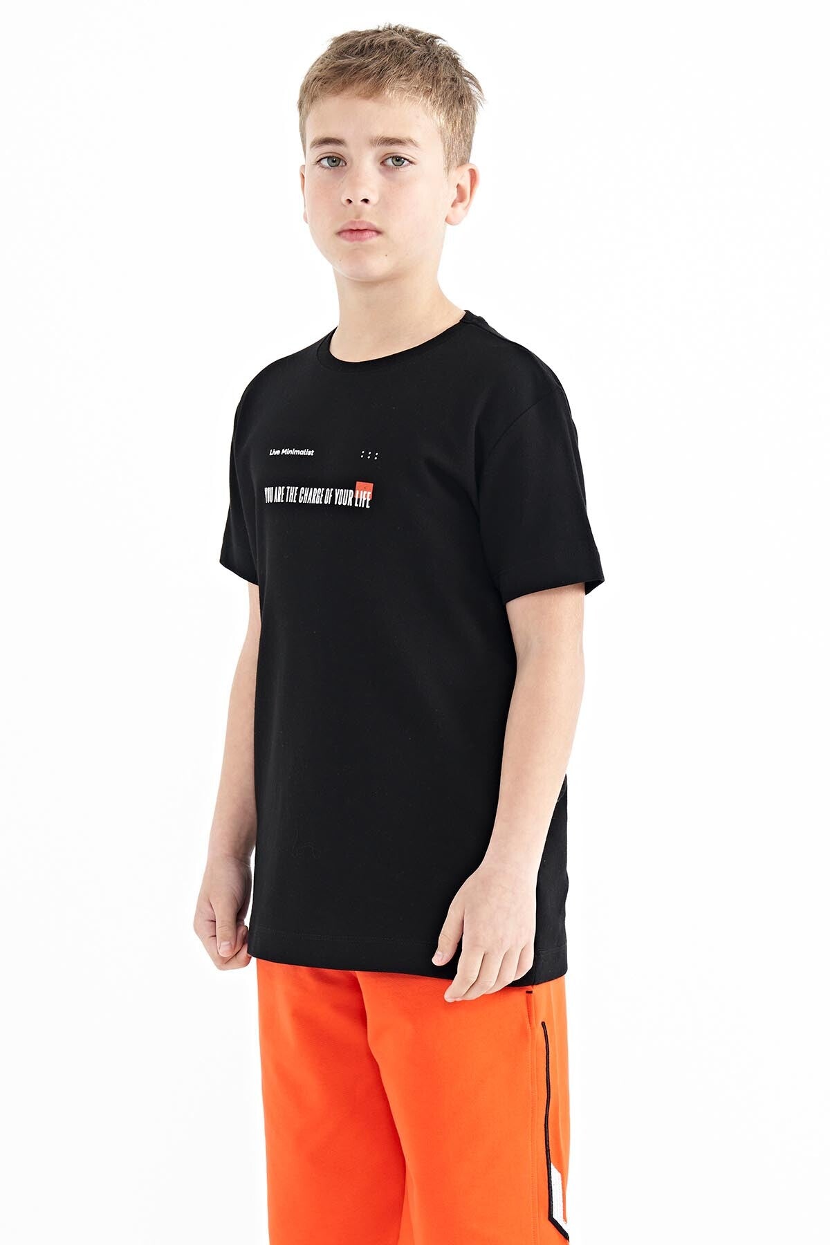 Black Print Detailed O Collar Standard Fit Men's Kids T-Shirt - 11117