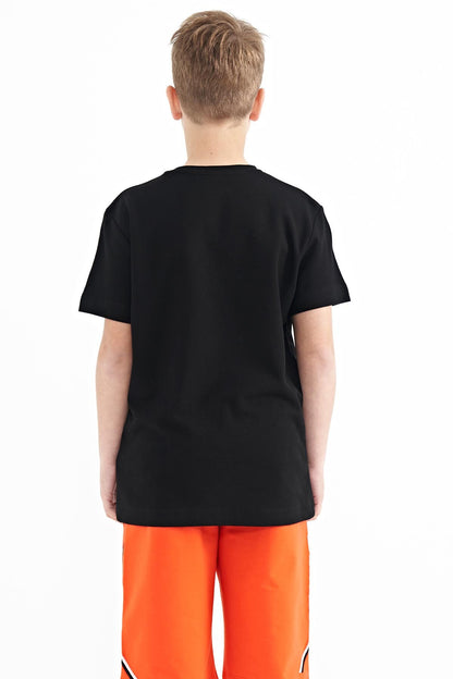 Black Print Detailed O Collar Standard Fit Men's Kids T-Shirt - 11117