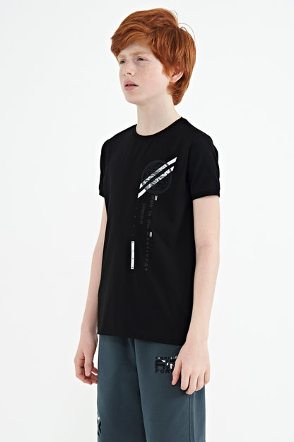 Black Print Detailed O Collar Standard Fit Boys' T-Shirt - 11131