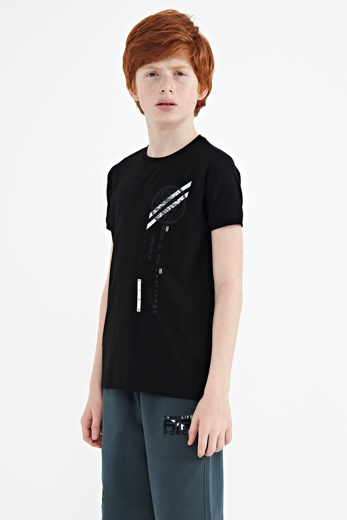 Black Print Detailed O Collar Standard Fit Boys' T-Shirt - 11131