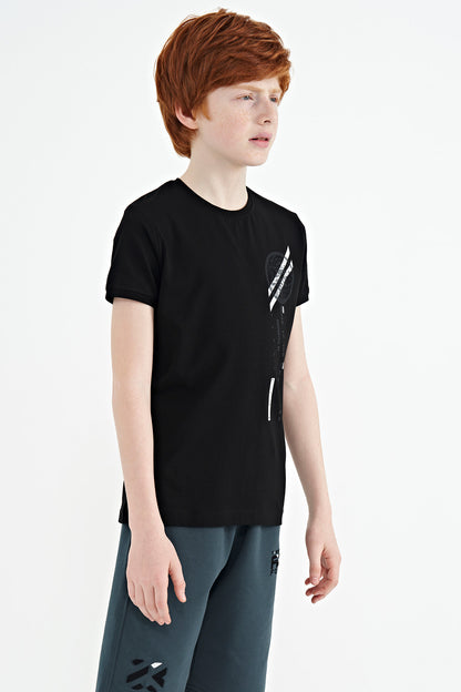 Black Print Detailed O Collar Standard Fit Boys' T-Shirt - 11131